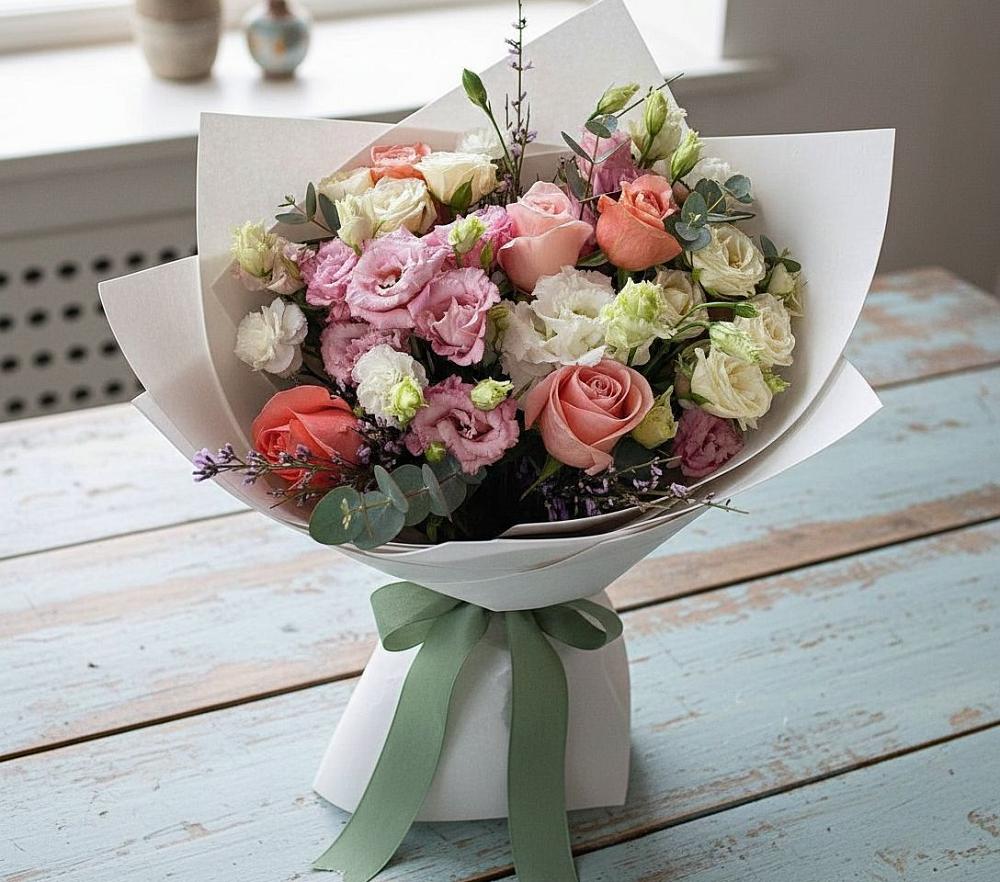 Букет цветов из: Розы, Лизиантусы и Гвоздики в Улькан