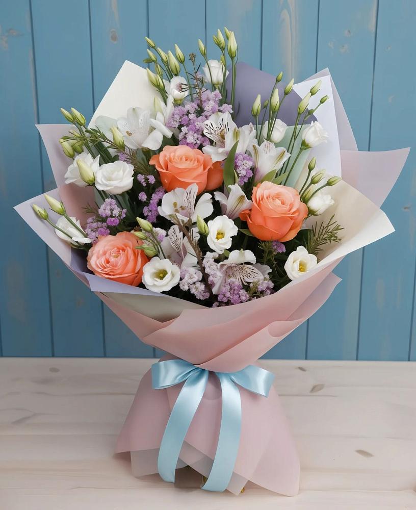 Букет цветов из: Лизиантусы, Розы, Альстромерии и Гипсофила в Улькан
