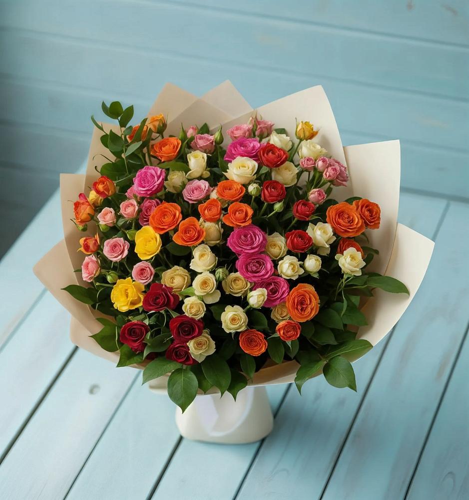 Букет Микс из разноцветных кустовых роз в Улькан